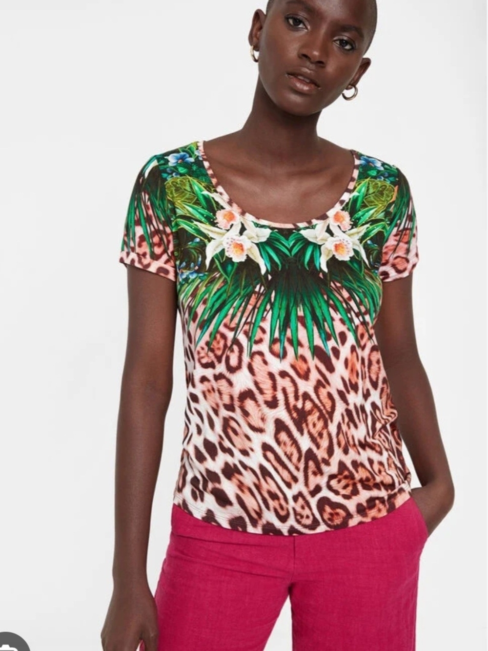 Desigual Short Sleeve Tee in Green, Pink & Brown Tropical Leopard Sz S